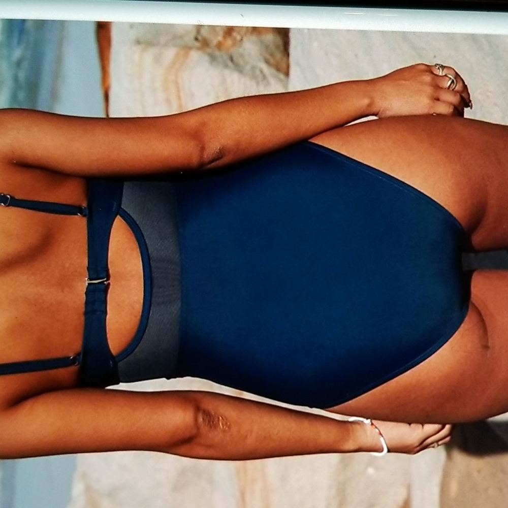 NWY NAVY BLUE TUMMY CONTROL MESH ACCENT ADJUSTABLE STRAP V NECK MEDIUM - Picture 2 of 13